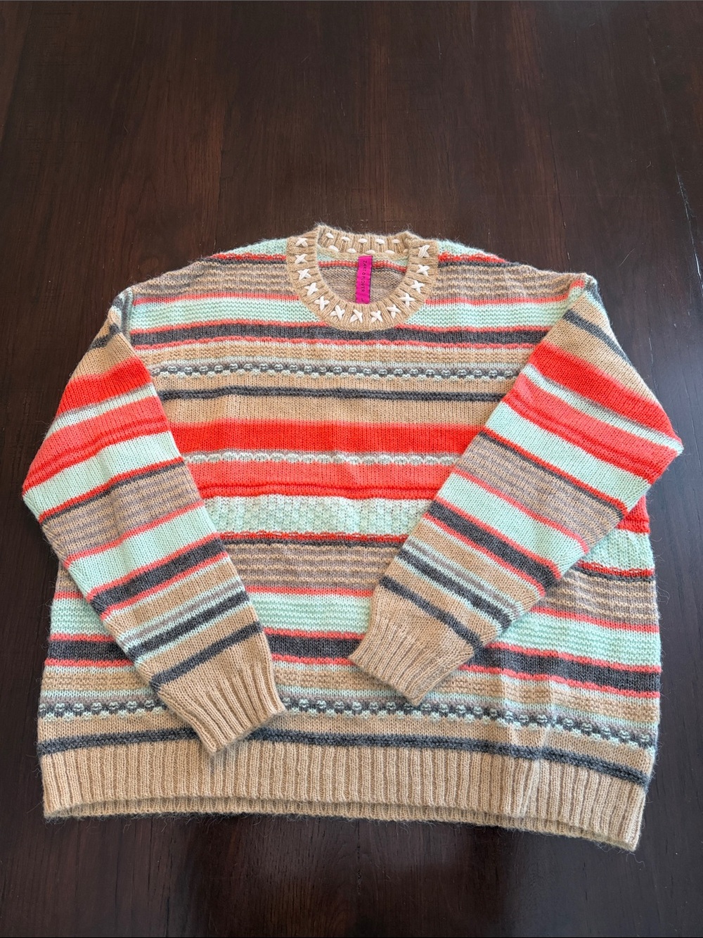 Zaket & Plover Striped Crewneck Sweater in Beige, Coral & Mint